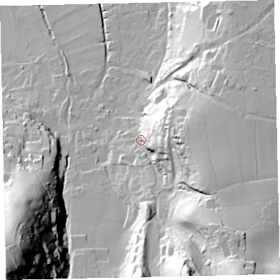 Shaded relief map of the ground around TA248LQ, computed from Environment Agency LiDAR. The ground here sits at about 41 m above sea level and falls 121 m across the surrounding 800 m. Surface water reaching this point runs off ground lying to the south-east, 60.8 m higher.