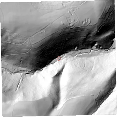 Shaded relief map of the ground around TA248LR, computed from Environment Agency LiDAR. The ground here sits at about 108 m above sea level and falls 207 m across the surrounding 800 m. Surface water reaching this point runs off ground lying to the south-west, 176.1 m higher.