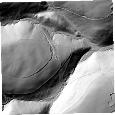 Shaded relief map of the ground around TA248LT, computed from Environment Agency LiDAR. The ground here sits at about 285 m above sea level and falls 155 m across the surrounding 800 m. Surface water reaching this point runs off ground lying to the west, 77.6 m higher.