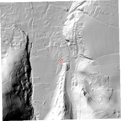 Shaded relief map of the ground around TA248LZ, computed from Environment Agency LiDAR. The ground here sits at about 46 m above sea level and falls 137 m across the surrounding 800 m. Surface water reaching this point runs off ground lying to the east, 7.4 m higher.