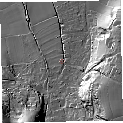 Shaded relief map of the ground around TA248NE, computed from Environment Agency LiDAR. The ground here sits at about 30 m above sea level and falls 79 m across the surrounding 800 m. Surface water reaching this point runs off ground lying to the south-east, 47.9 m higher.