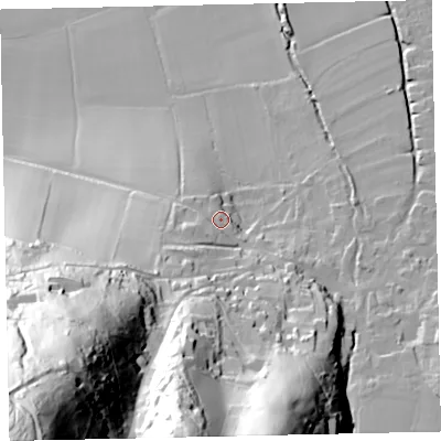 Shaded relief map of the ground around TA248NT, computed from Environment Agency LiDAR. The ground here sits at about 36 m above sea level and falls 159 m across the surrounding 800 m. Surface water reaching this point runs off ground lying to the south-west, 5.6 m higher.