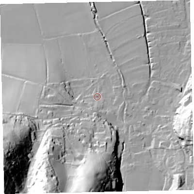 Shaded relief map of the ground around TA248PH, computed from Environment Agency LiDAR. The ground here sits at about 31 m above sea level and falls 112 m across the surrounding 800 m. Surface water reaching this point runs off ground lying to the south-south-west, 25.2 m higher.
