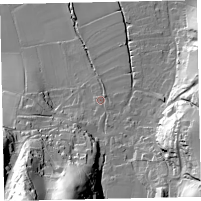 Shaded relief map of the ground around TA248PJ, computed from Environment Agency LiDAR. The ground here sits at about 32 m above sea level and falls 100 m across the surrounding 800 m. Surface water reaching this point runs off ground lying to the south-south-west, 69.6 m higher.