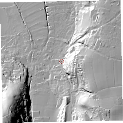 Shaded relief map of the ground around TA248QA, computed from Environment Agency LiDAR. The ground here sits at about 37 m above sea level and falls 116 m across the surrounding 800 m. Surface water reaching this point runs off ground lying to the south-east, 54.5 m higher.