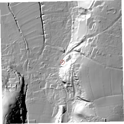 Shaded relief map of the ground around TA248QB, computed from Environment Agency LiDAR. The ground here sits at about 36 m above sea level and falls 98 m across the surrounding 800 m. Surface water reaching this point runs off ground lying to the south-east, 30.2 m higher.
