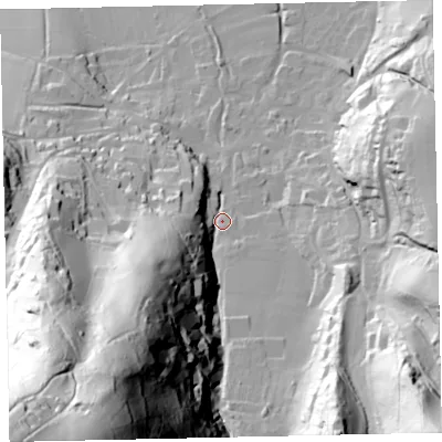 Shaded relief map of the ground around TA248QJ, computed from Environment Agency LiDAR. The ground here sits at about 40 m above sea level and falls 160 m across the surrounding 800 m. Surface water reaching this point runs off ground lying to the south-south-west, 134.7 m higher.