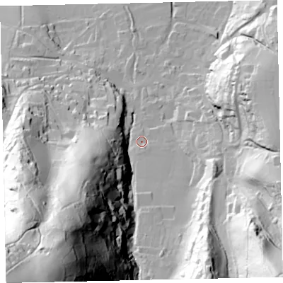 Shaded relief map of the ground around TA248QL, computed from Environment Agency LiDAR. The ground here sits at about 41 m above sea level and falls 161 m across the surrounding 800 m. Surface water reaching this point runs off ground lying to the south, 8.0 m higher.