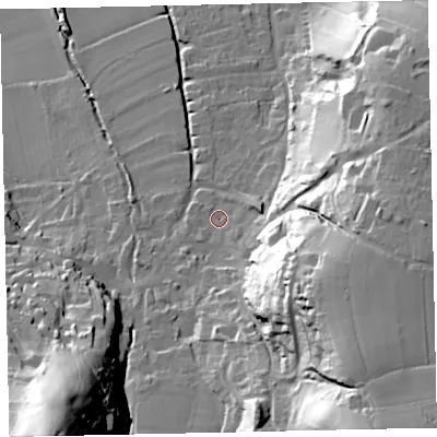 Shaded relief map of the ground around TA248QR, computed from Environment Agency LiDAR. The ground here sits at about 32 m above sea level and falls 88 m across the surrounding 800 m. Surface water reaching this point runs off ground lying to the south-east, 50.0 m higher.