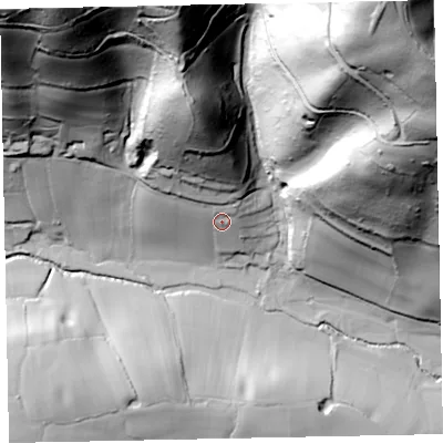 Shaded relief map of the ground around TA248RA, computed from Environment Agency LiDAR. The ground here sits at about 98 m above sea level and falls 171 m across the surrounding 800 m. Surface water reaching this point runs off ground lying to the north, 46.6 m higher.