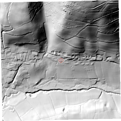 Shaded relief map of the ground around TA248RD, computed from Environment Agency LiDAR. The ground here sits at about 117 m above sea level and falls 177 m across the surrounding 800 m. Surface water reaching this point runs off ground lying to the north-north-east, 143.6 m higher.