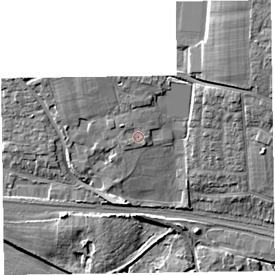 Shaded relief map of the ground around TA26AD, computed from Environment Agency LiDAR. The ground here sits at about 25 m above sea level and falls 15 m across the surrounding 800 m. Surface water reaching this point runs off ground lying to the north, 1.8 m higher.
