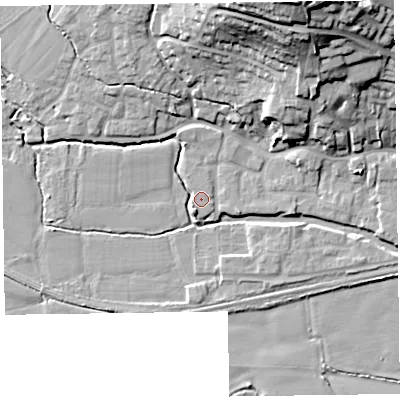 Shaded relief map of the ground around TA26BF, computed from Environment Agency LiDAR. The ground here sits at about 23 m above sea level and falls 31 m across the surrounding 800 m. Surface water reaching this point runs off ground lying to the north-north-west, 8.7 m higher.