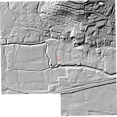 Shaded relief map of the ground around TA26BP, computed from Environment Agency LiDAR. The ground here sits at about 23 m above sea level and falls 32 m across the surrounding 800 m. Surface water reaching this point runs off ground lying to the south-west, 2.0 m higher.
