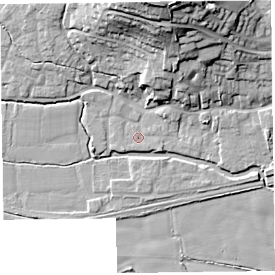 Shaded relief map of the ground around TA26BS, computed from Environment Agency LiDAR. The ground here sits at about 23 m above sea level and falls 32 m across the surrounding 800 m. Surface water reaching this point runs off ground lying to the north, 29.4 m higher.
