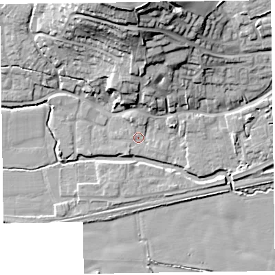 Shaded relief map of the ground around TA26BU, computed from Environment Agency LiDAR. The ground here sits at about 22 m above sea level and falls 32 m across the surrounding 800 m. Surface water reaching this point runs off ground lying to the north, 30.0 m higher.