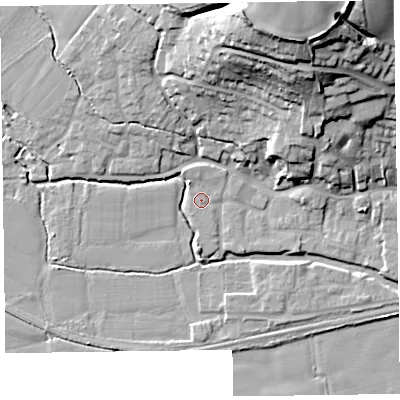 Shaded relief map of the ground around TA26BW, computed from Environment Agency LiDAR. The ground here sits at about 23 m above sea level and falls 32 m across the surrounding 800 m. Surface water reaching this point runs off ground lying to the north-north-west, 1.4 m higher.