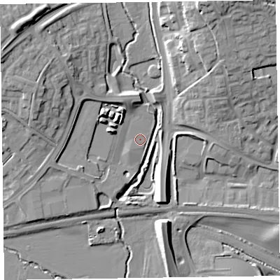 Shaded relief map of the ground around TA26BX, computed from Environment Agency LiDAR. The ground here sits at about 22 m above sea level and falls 18 m across the surrounding 800 m. Surface water reaching this point runs off ground lying to the south-west, 2.8 m higher.