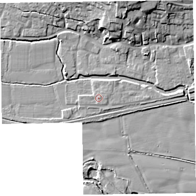 Shaded relief map of the ground around TA26DA, computed from Environment Agency LiDAR. The ground here sits at about 23 m above sea level and falls 19 m across the surrounding 800 m. Surface water reaching this point runs off ground lying to the east, 1.3 m higher.