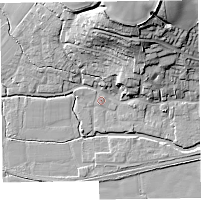 Shaded relief map of the ground around TA26DG, computed from Environment Agency LiDAR. The ground here sits at about 23 m above sea level and falls 33 m across the surrounding 800 m. Surface water reaching this point runs off ground lying to the north-west, 0.5 m higher.