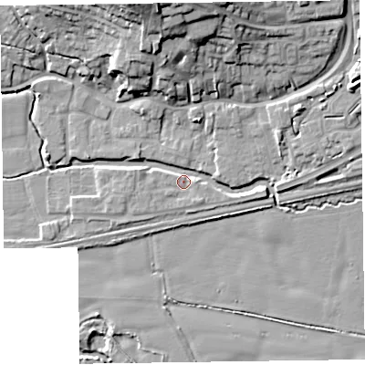 Shaded relief map of the ground around TA26DQ, computed from Environment Agency LiDAR. The ground here sits at about 22 m above sea level and falls 23 m across the surrounding 800 m. Surface water reaching this point runs off ground lying to the west-north-west, 2.9 m higher.
