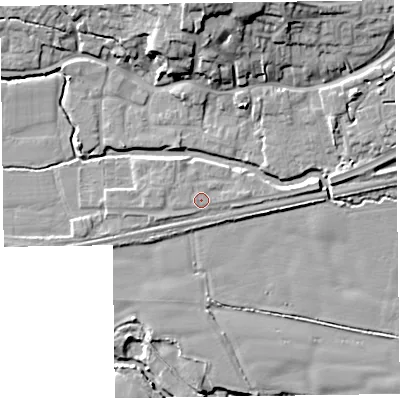 Shaded relief map of the ground around TA26EY, computed from Environment Agency LiDAR. The ground here sits at about 23 m above sea level and falls 18 m across the surrounding 800 m. Surface water reaching this point runs off ground lying to the west, 1.2 m higher.