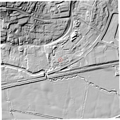 Shaded relief map of the ground around TA26FE, computed from Environment Agency LiDAR. The ground here sits at about 24 m above sea level and falls 30 m across the surrounding 800 m. The ground contributing surface water to this point lies to the west.