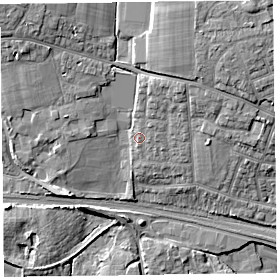 Shaded relief map of the ground around TA26JH, computed from Environment Agency LiDAR. The ground here sits at about 25 m above sea level and falls 16 m across the surrounding 800 m. Surface water reaching this point runs off ground lying to the north-north-east, 4.0 m higher.