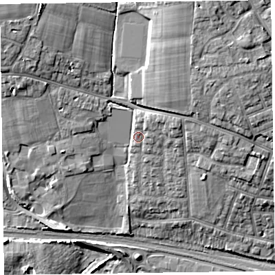 Shaded relief map of the ground around TA26JJ, computed from Environment Agency LiDAR. The ground here sits at about 26 m above sea level and falls 14 m across the surrounding 800 m. Surface water reaching this point runs off ground lying to the north-west, 8.5 m higher.