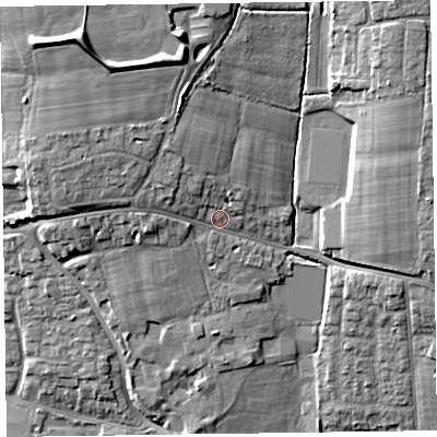 Shaded relief map of the ground around TA26LH, computed from Environment Agency LiDAR. The ground here sits at about 28 m above sea level and falls 16 m across the surrounding 800 m. Surface water reaching this point runs off ground lying to the north-west, 4.1 m higher.