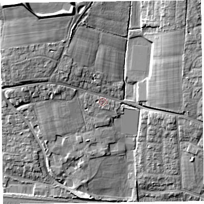 Shaded relief map of the ground around TA26LQ, computed from Environment Agency LiDAR. The ground here sits at about 27 m above sea level and falls 16 m across the surrounding 800 m. Surface water reaching this point runs off ground lying to the north-west, 4.7 m higher.