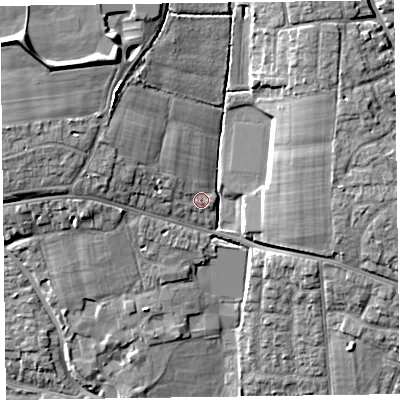 Shaded relief map of the ground around TA26NJ, computed from Environment Agency LiDAR. The ground here sits at about 27 m above sea level and falls 16 m across the surrounding 800 m. Surface water reaching this point runs off ground lying to the west-north-west, 4.6 m higher.