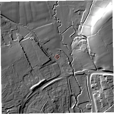 Shaded relief map of the ground around TA26NR, computed from Environment Agency LiDAR. The ground here sits at about 24 m above sea level and falls 27 m across the surrounding 800 m. Surface water reaching this point runs off ground lying to the west, 13.7 m higher.