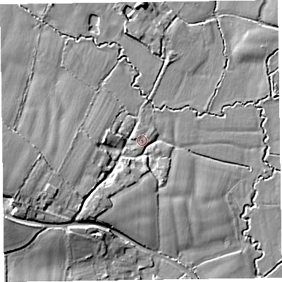 Shaded relief map of the ground around TA26NZ, computed from Environment Agency LiDAR. The ground here sits at about 28 m above sea level and falls 21 m across the surrounding 800 m. Surface water reaching this point runs off ground lying to the west-south-west, 15.6 m higher.