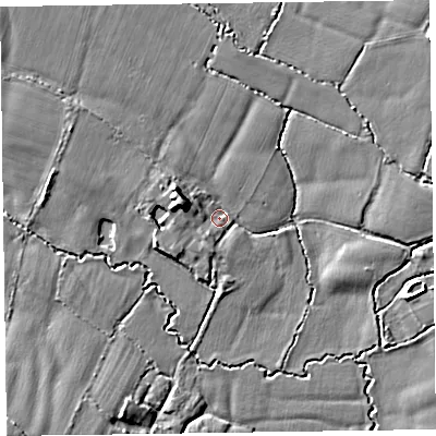 Shaded relief map of the ground around TA26PA, computed from Environment Agency LiDAR. The ground here sits at about 27 m above sea level and falls 12 m across the surrounding 800 m. Surface water reaching this point runs off ground lying to the west-north-west, 6.9 m higher.