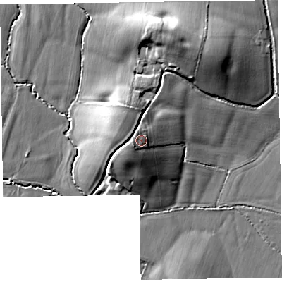 Shaded relief map of the ground around TA26PL, computed from Environment Agency LiDAR. The ground here sits at about 41 m above sea level and falls 16 m across the surrounding 800 m. Surface water reaching this point runs off ground lying to the south-west, 1.9 m higher.