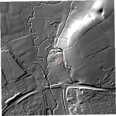 Shaded relief map of the ground around TA26PX, computed from Environment Agency LiDAR. The ground here sits at about 29 m above sea level and falls 26 m across the surrounding 800 m. Surface water reaching this point runs off ground lying to the east, 15.3 m higher.