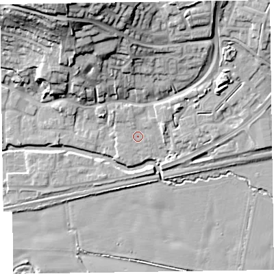 Shaded relief map of the ground around TA26QJ, computed from Environment Agency LiDAR. The ground here sits at about 23 m above sea level and falls 30 m across the surrounding 800 m. Surface water reaching this point runs off ground lying to the north-north-west, 26.3 m higher.