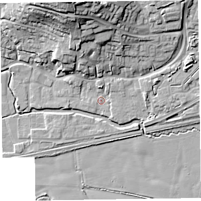 Shaded relief map of the ground around TA26QP, computed from Environment Agency LiDAR. The ground here sits at about 22 m above sea level and falls 32 m across the surrounding 800 m. Surface water reaching this point runs off ground lying to the north-north-west, 29.5 m higher.