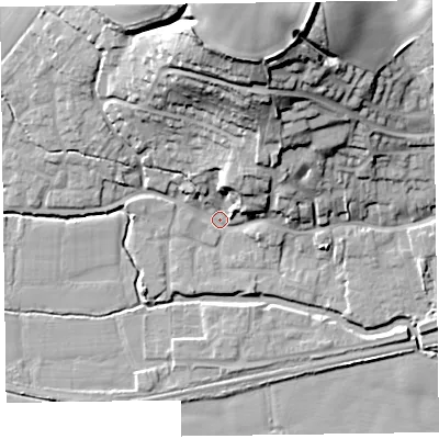 Shaded relief map of the ground around TA26QY, computed from Environment Agency LiDAR. The ground here sits at about 22 m above sea level and falls 33 m across the surrounding 800 m. Surface water reaching this point runs off ground lying to the north, 31.2 m higher.