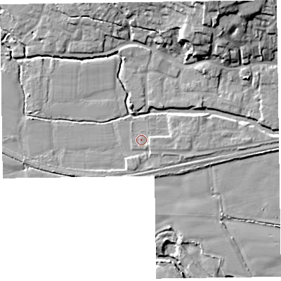 Shaded relief map of the ground around TA26RF, computed from Environment Agency LiDAR. The ground here sits at about 22 m above sea level and falls 19 m across the surrounding 800 m. Surface water reaching this point runs off ground lying to the east, 1.3 m higher.