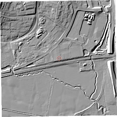 Shaded relief map of the ground around TA26RX, computed from Environment Agency LiDAR. The ground here sits at about 24 m above sea level and falls 21 m across the surrounding 800 m. The ground contributing surface water to this point lies to the west-north-west.
