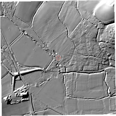 Shaded relief map of the ground around TA26RZ, computed from Environment Agency LiDAR. The ground here sits at about 24 m above sea level and falls 31 m across the surrounding 800 m. Surface water reaching this point runs off ground lying to the west-south-west, 7.5 m higher.
