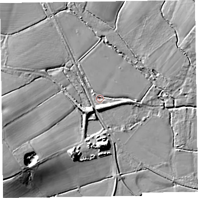 Shaded relief map of the ground around TA26SA, computed from Environment Agency LiDAR. The ground here sits at about 24 m above sea level and falls 15 m across the surrounding 800 m. Surface water reaching this point runs off ground lying to the south, 6.6 m higher.