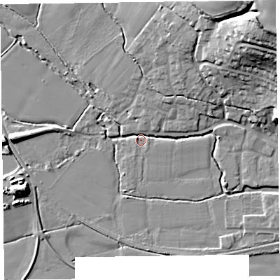 Shaded relief map of the ground around TA26SH, computed from Environment Agency LiDAR. The ground here sits at about 23 m above sea level and falls 33 m across the surrounding 800 m. Surface water reaching this point runs off ground lying to the north-north-east, 20.1 m higher.