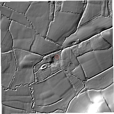 Shaded relief map of the ground around TA26SN, computed from Environment Agency LiDAR. The ground here sits at about 27 m above sea level and falls 20 m across the surrounding 800 m. Surface water reaching this point runs off ground lying to the east-north-east, 2.7 m higher.