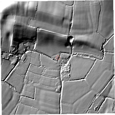 Shaded relief map of the ground around TA26SP, computed from Environment Agency LiDAR. The ground here sits at about 33 m above sea level and falls 18 m across the surrounding 800 m. Surface water reaching this point runs off ground lying to the north-west, 13.8 m higher.