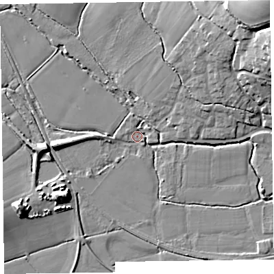 Shaded relief map of the ground around TA26SQ, computed from Environment Agency LiDAR. The ground here sits at about 23 m above sea level and falls 28 m across the surrounding 800 m. Surface water reaching this point runs off ground lying to the west, 4.2 m higher.