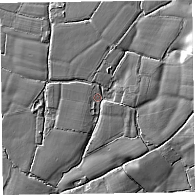 Shaded relief map of the ground around TA26SW, computed from Environment Agency LiDAR. The ground here sits at about 32 m above sea level and falls 15 m across the surrounding 800 m. Surface water reaching this point runs off ground lying to the east-north-east, 10.6 m higher.