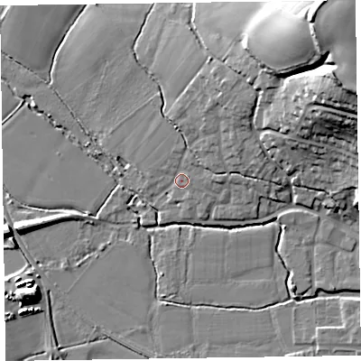 Shaded relief map of the ground around TA26SX, computed from Environment Agency LiDAR. The ground here sits at about 25 m above sea level and falls 35 m across the surrounding 800 m. Surface water reaching this point runs off ground lying to the north-east, 24.9 m higher.